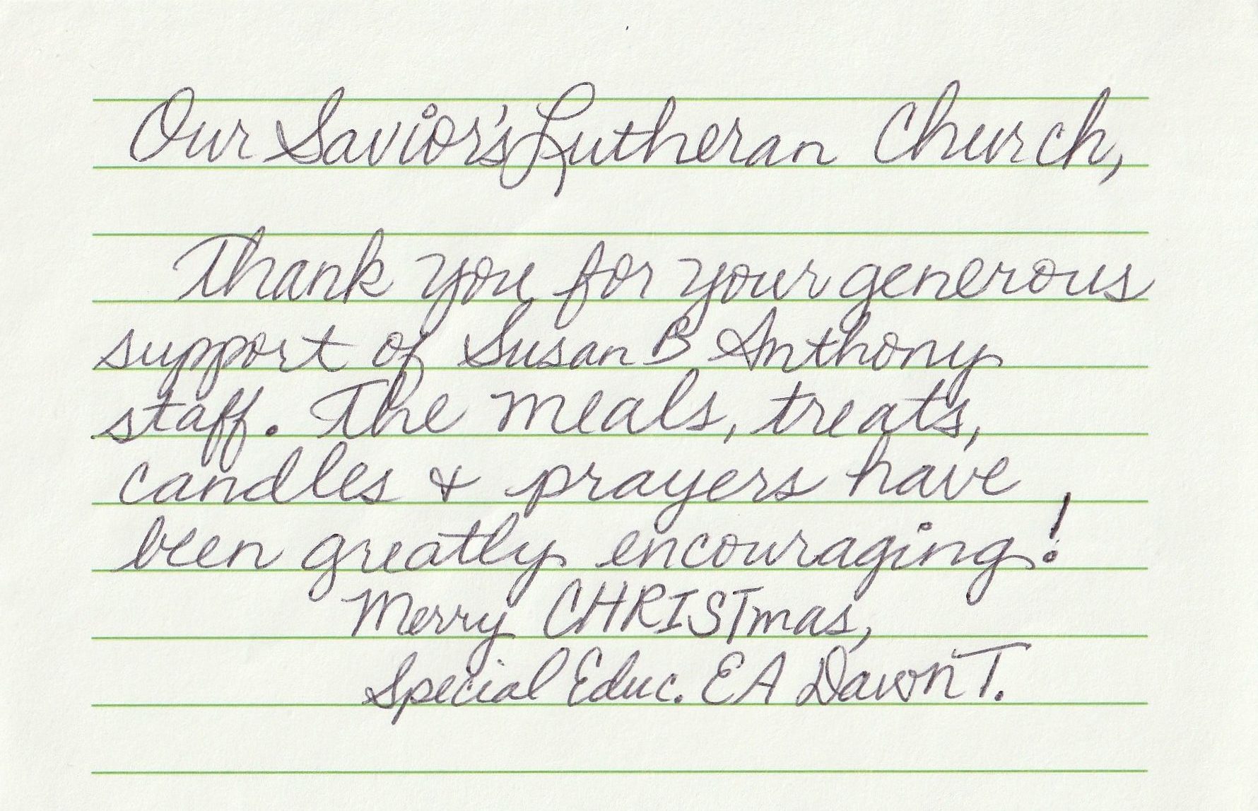 Thank-You Note from Susan B Anthony Staff